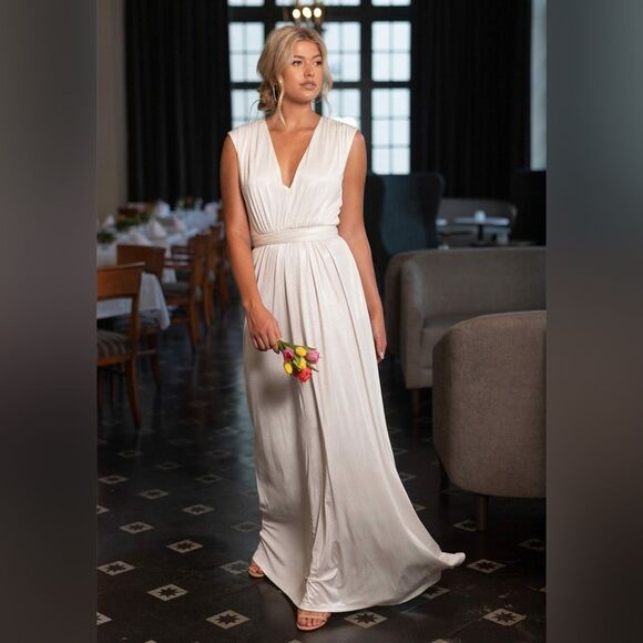 Dress the Population Krista Plunge Neck Side Slit Gown, Ivory, NWT, Size XXL - Picture 4 of 13